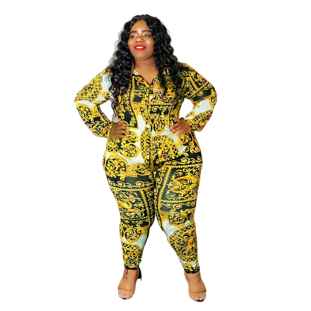 BamBam Plus Size Women Vintage Printed Long Sleeve Shirt + Pants Two-Piece Set - BamBam Clothing