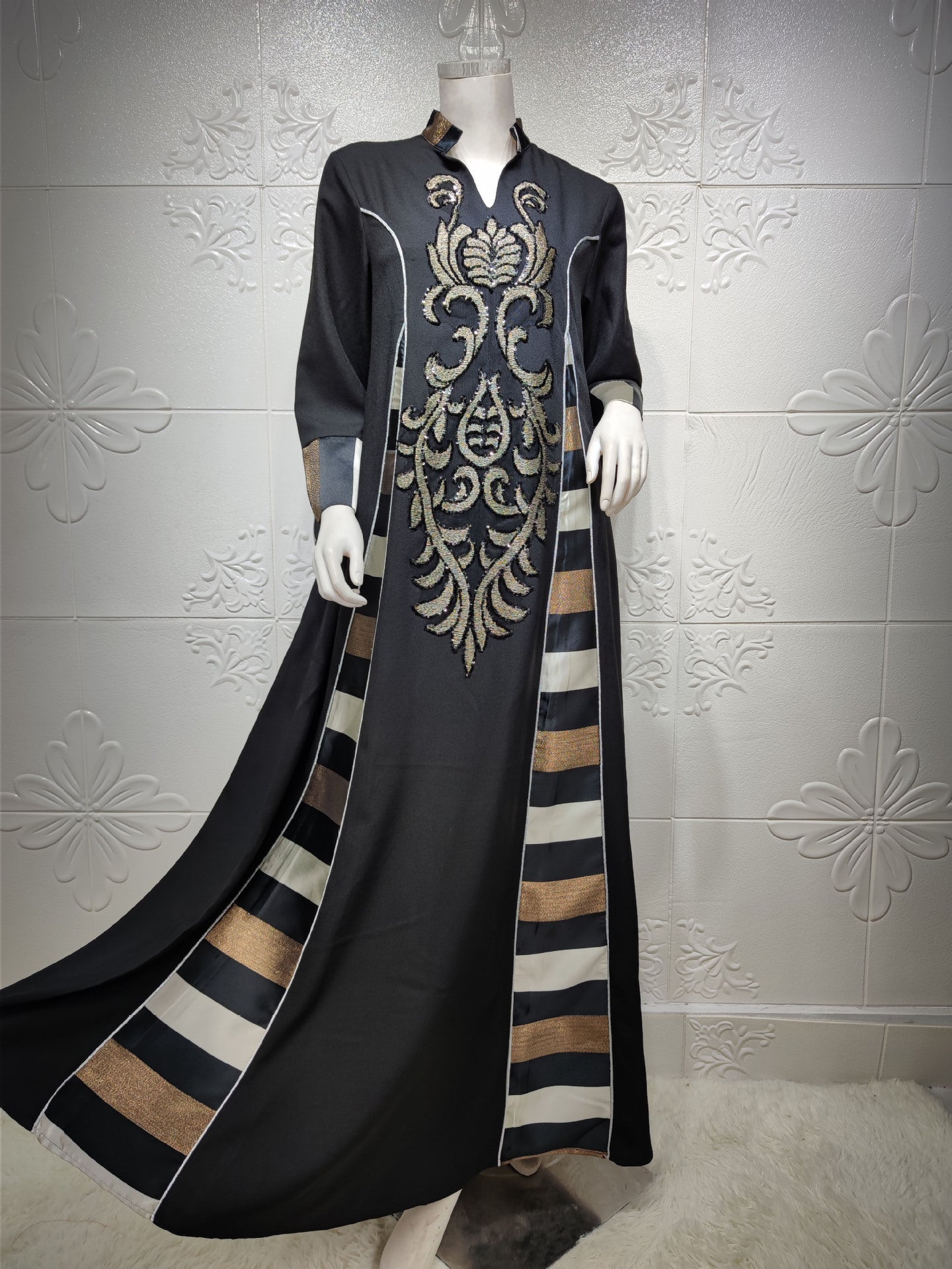 BamBam Women Embroidered Striped Abaya Muslim Dubai Muslim Robe Long Dress - BamBam