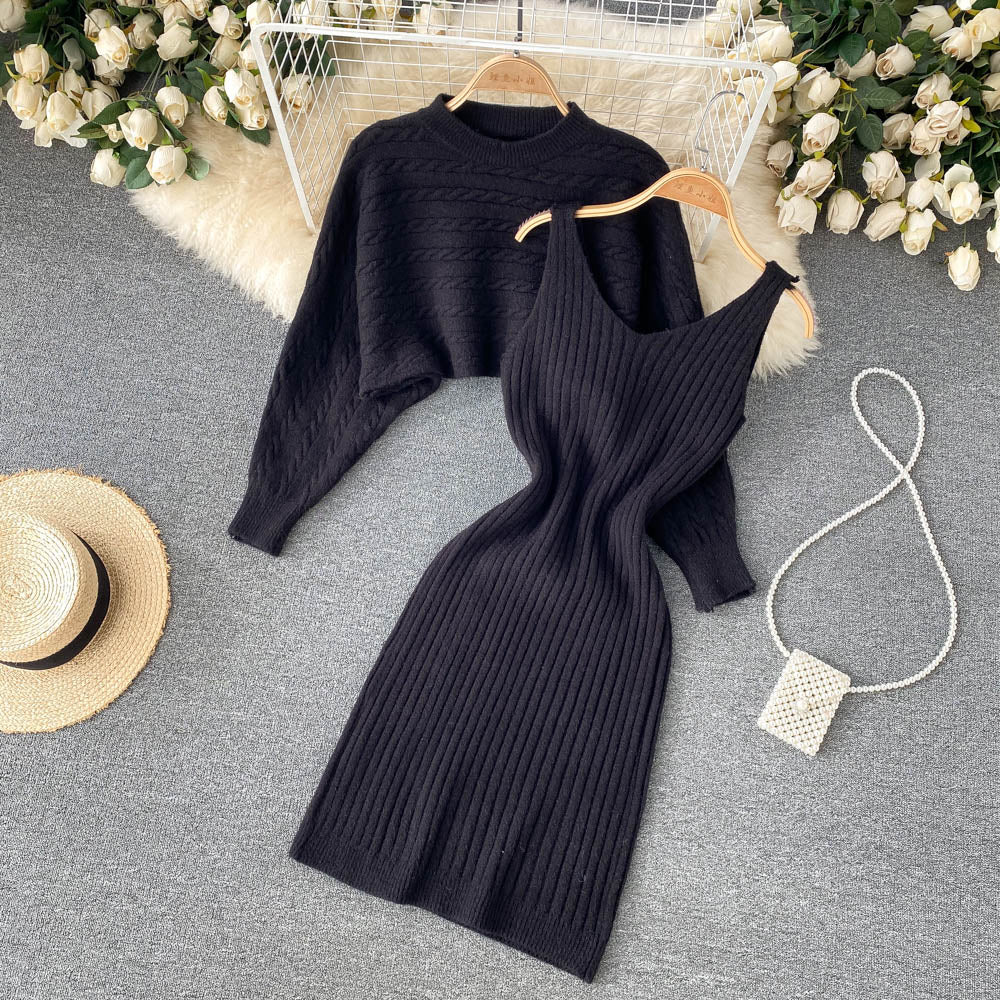 BamBam Women French sexy Bodycon Strap Dress +and loose knitting sweater two-piece set - BamBam