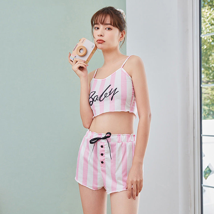 BamBam Women Letter striped camisole and shorts loungewear two-piece set - BamBam