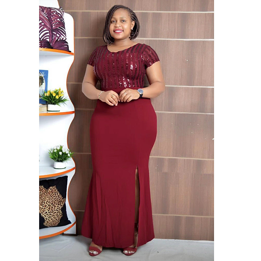 BamBam Plus Size African Dress Party Round Neck Solid Dress - BamBam