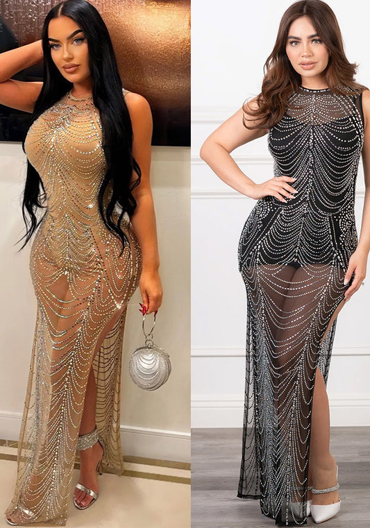 Autumn and Winter Women's Sexy See-Through Evening Beaded Nightclub Dress for Women