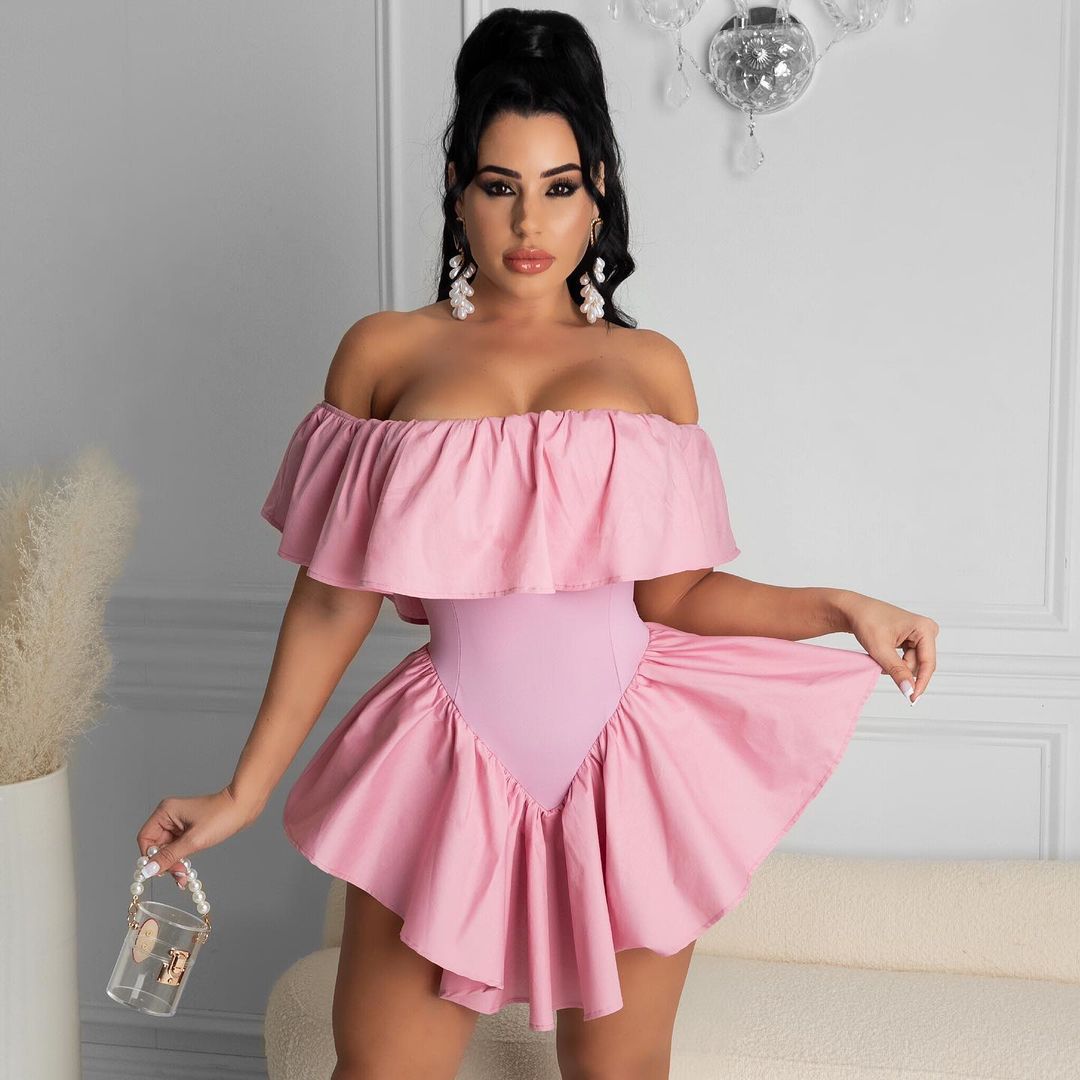 BamBam Women's Fashion Casual Sexy Solid Color Nightclub Style Irregular Pleated Shoulderless One-piece Dress - BamBam