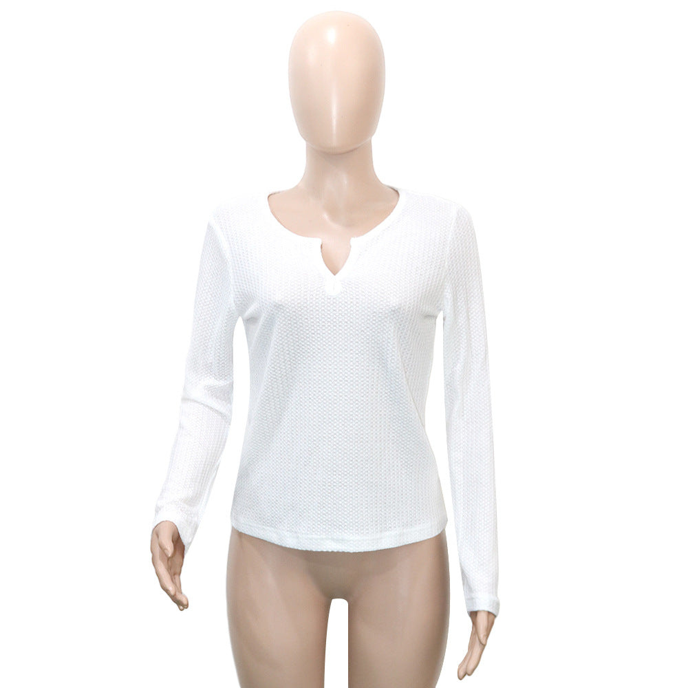 BamBam Women Long Sleeve Solid knitting v-neck T-shirt - BamBam