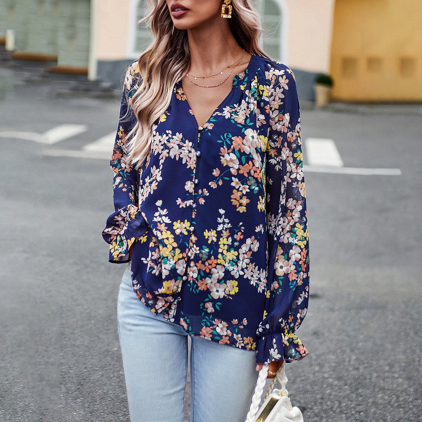 BamBam Women's Autumn Chic Elegant Floral Long Sleeve Shirt - BamBam