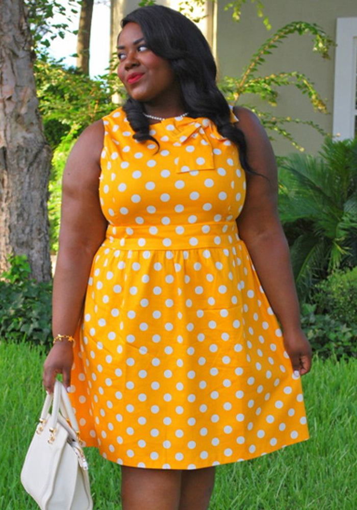 Women Summer Yellow Sweet O-Neck Sleeveless Dot Print Midi A-line Plus Size Casual Dress