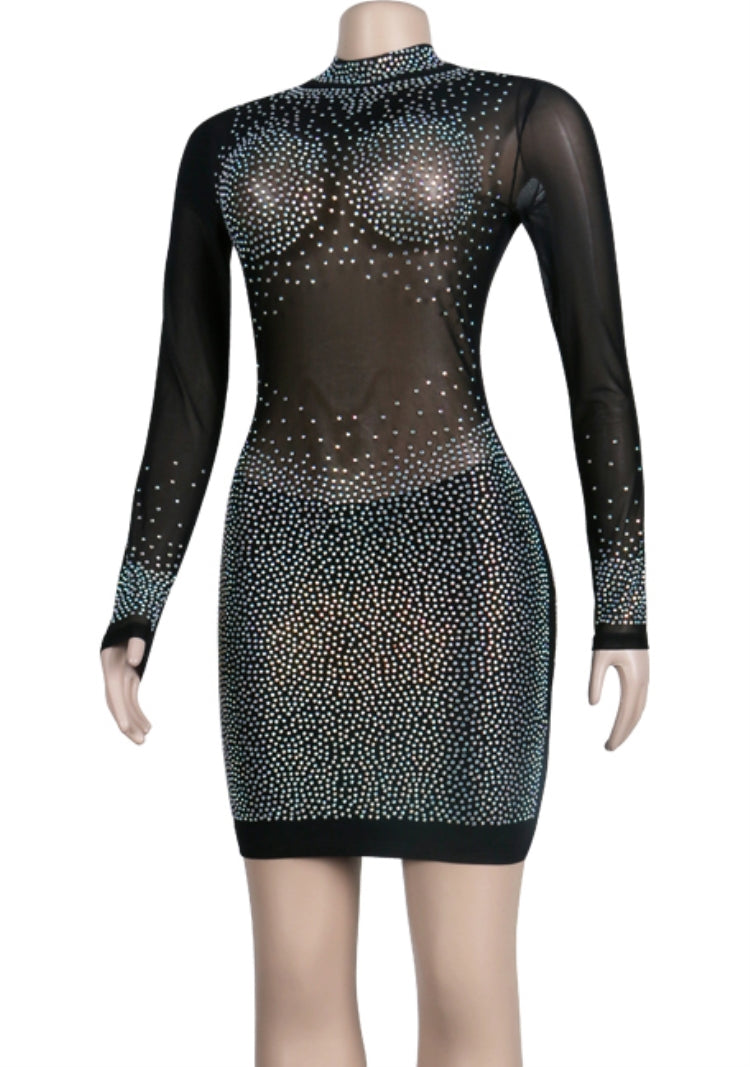 BamBam Fall Sexy Beaded Long Sleeve See Through Mini Club Dress - BamBam Clothing Clothing