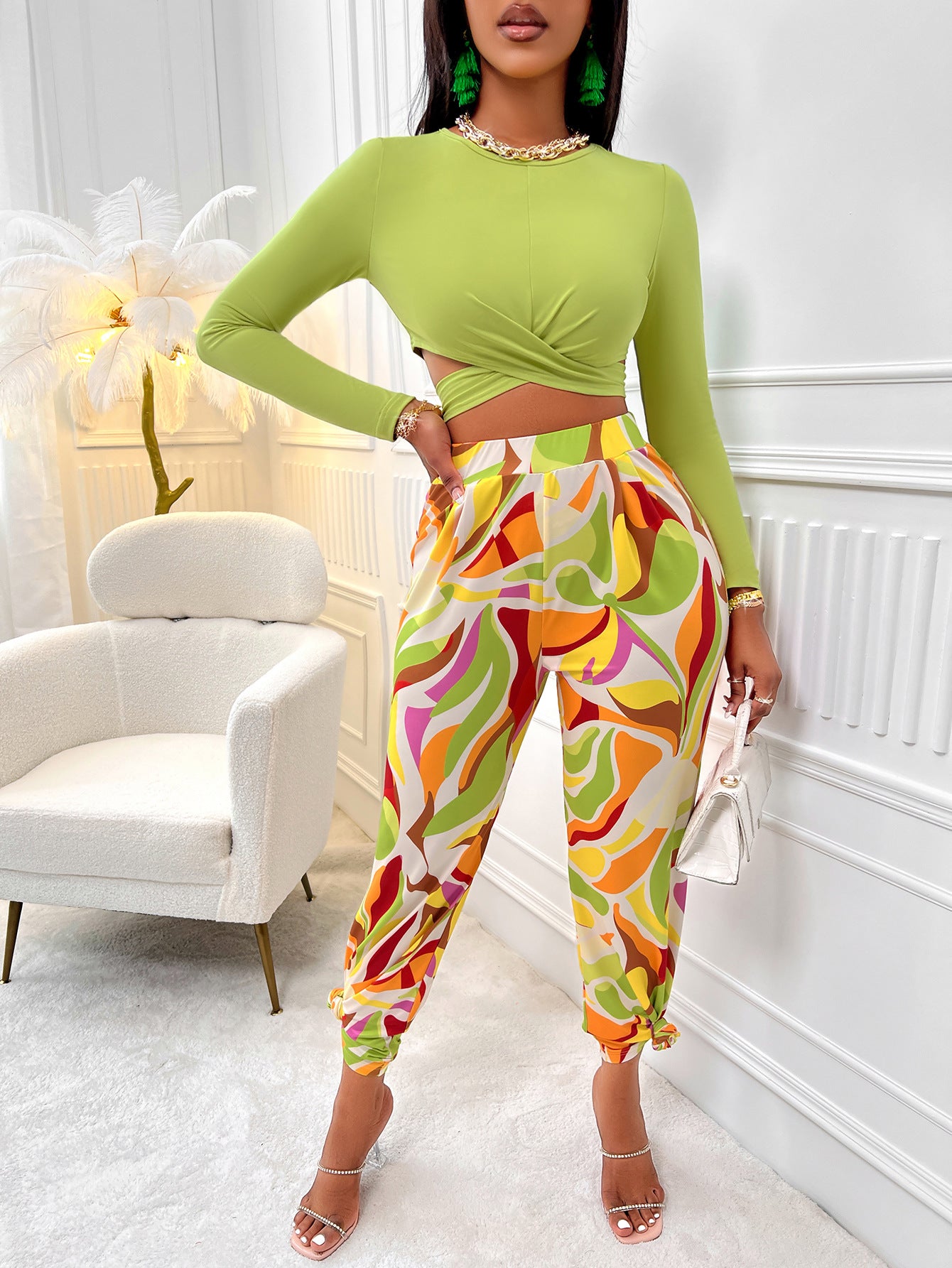 BamBam Sexy Women's Casual Printed Round Neck Long Sleeve Top Printed Pants Set For Women - BamBam