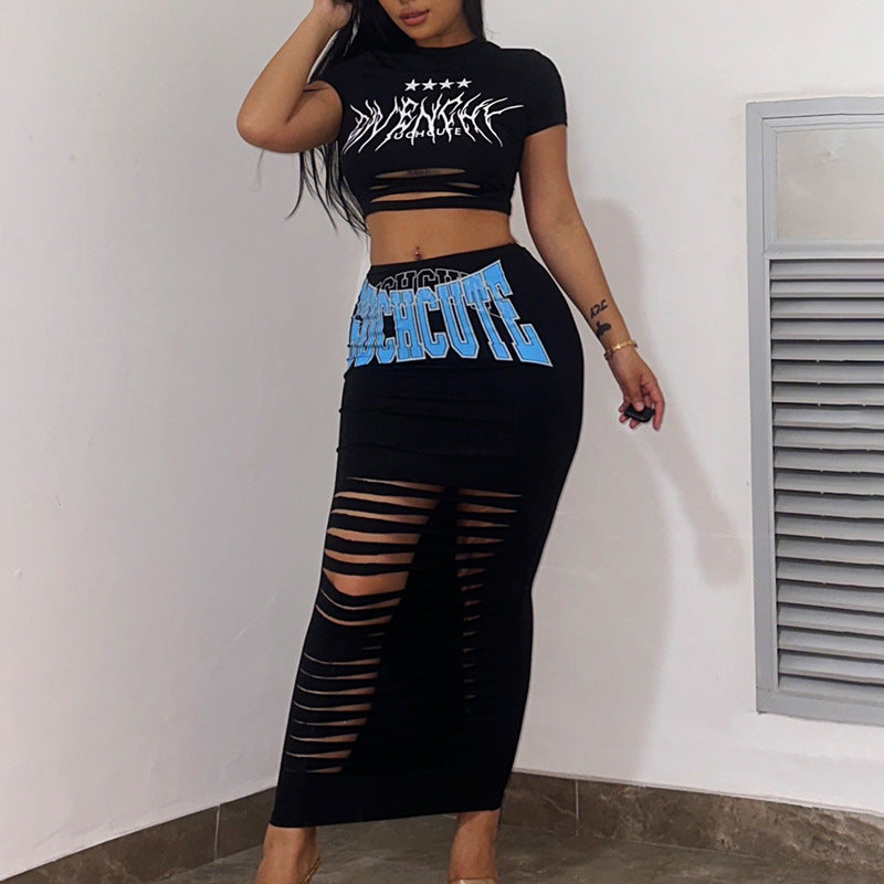 BamBam retro print Ripped hollow Round Neck pullover short t-shirt + Tight Fitting high waist long skirt two-piece set - BamBam