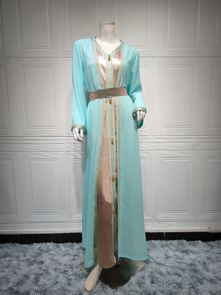 BamBam Women Spring Blue Tape Belted Islamic Clothing Kaftan Abaya Muslim Dress two piece set - BamBam