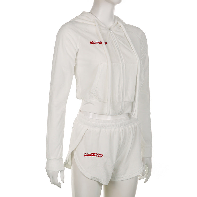 BamBam Sports Women's Velvet Embroidery Hoodies Hooded Zipper Top Elastic High Waist Shorts Casual Two Piece Set - BamBam