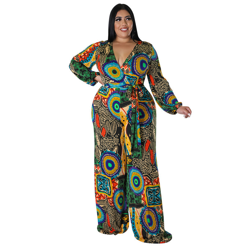 BamBam Plus Size Women Fall Print Long Sleeve Jumpsuit - BamBam Clothing