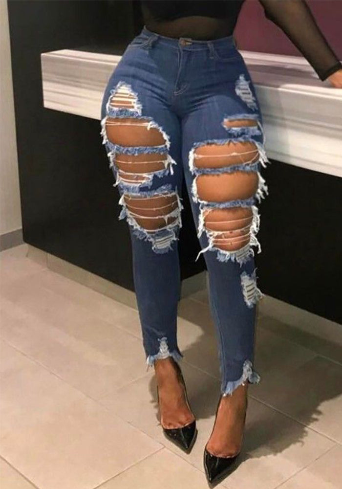 Style Trendy Ripped Women's Tight  Denim Pants