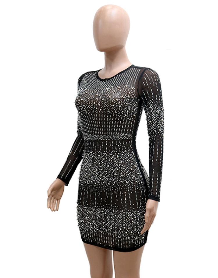 BamBam Fall Sexy Black Beaded Round Neck Long Sleeve Party Dress - BamBam Clothing Clothing