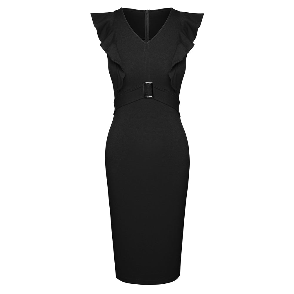 BamBam Women Fashion Sexy Chic Elegant Bodycon Professional Slim Waist Patchwork Midi Career Dress - BamBam