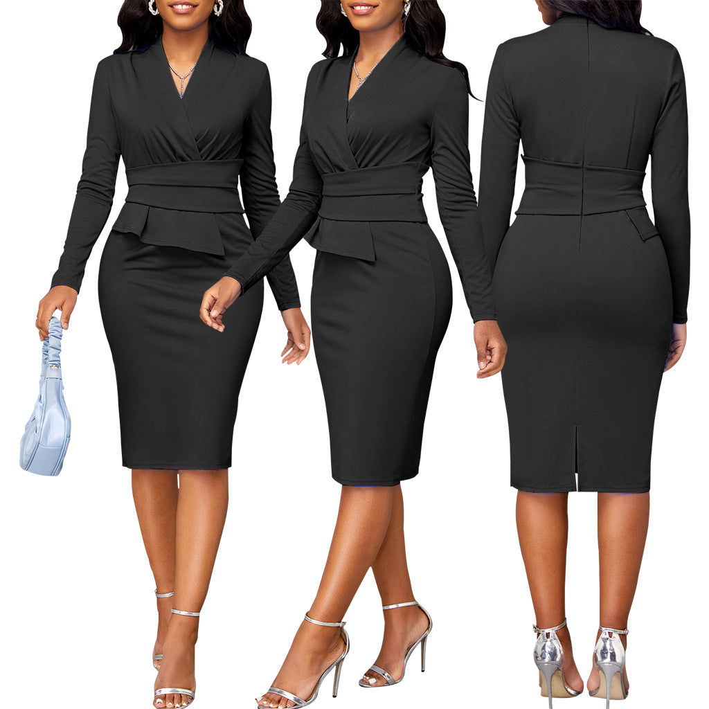 BamBam Sexy And Fashionable Solid Color Career Women's V-Neck Dress - BamBam