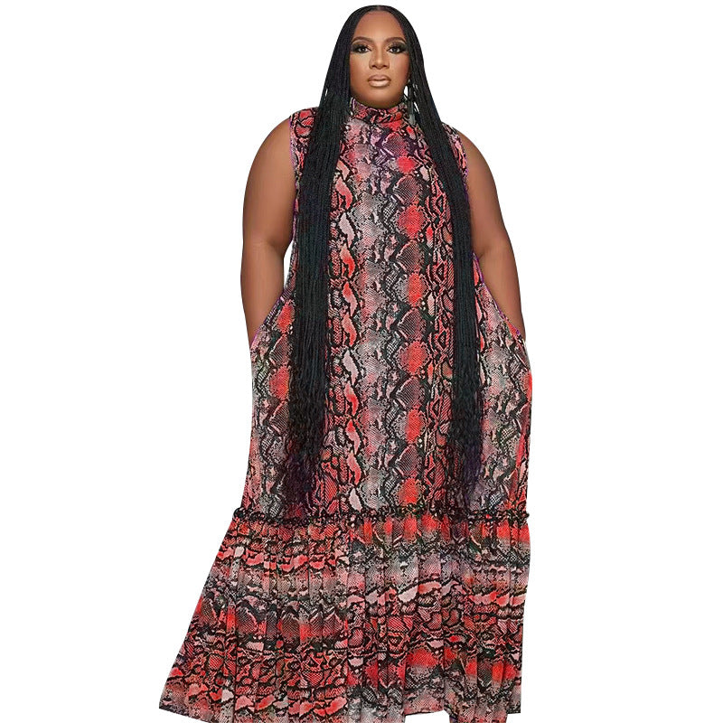 BamBam Summer Stand Collar Sleeveless Print Plus Size Women's Stylish Loose Long Dress - BamBam