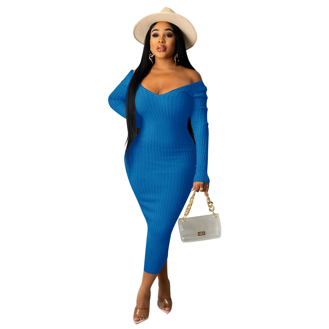 BamBam V-Neck Off-Shoulder Ribbed Slim Sexy Dress - BamBam Clothing