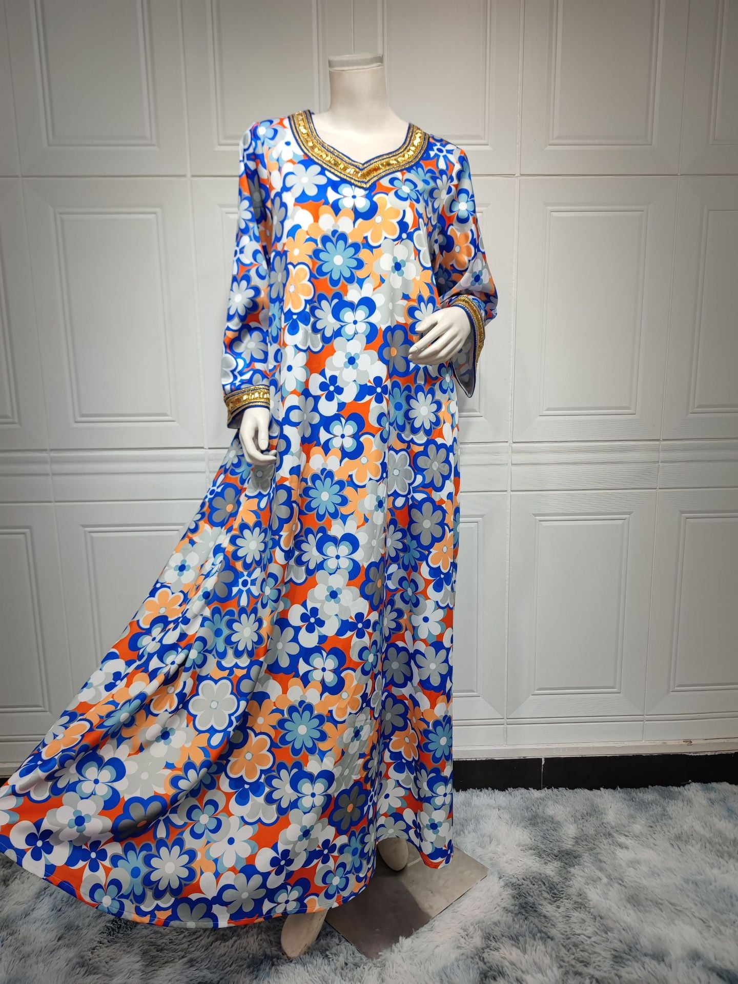 BamBam Muslim loungewear print jalabiya Beaded dubai ladies robe - BamBam