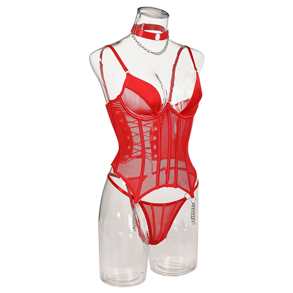 BamBam Women See-Through Mesh Sexy Strap Bra Body Shaping Sexy Lingerie Three-piece Set - BamBam