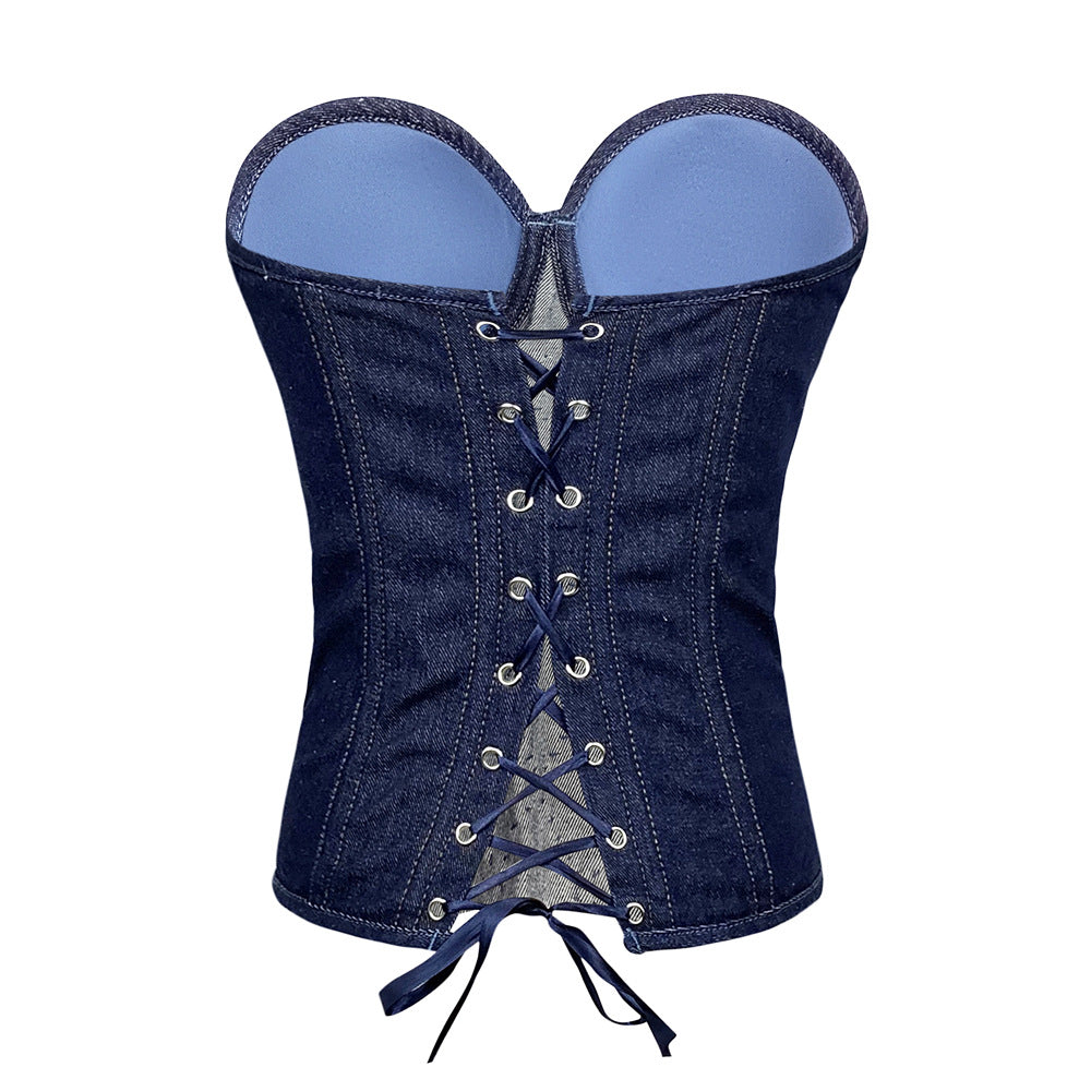 BamBam Women Diamond Beaded Denim Vintage Zip Vest Lace-up Shaping Corset Top - BamBam