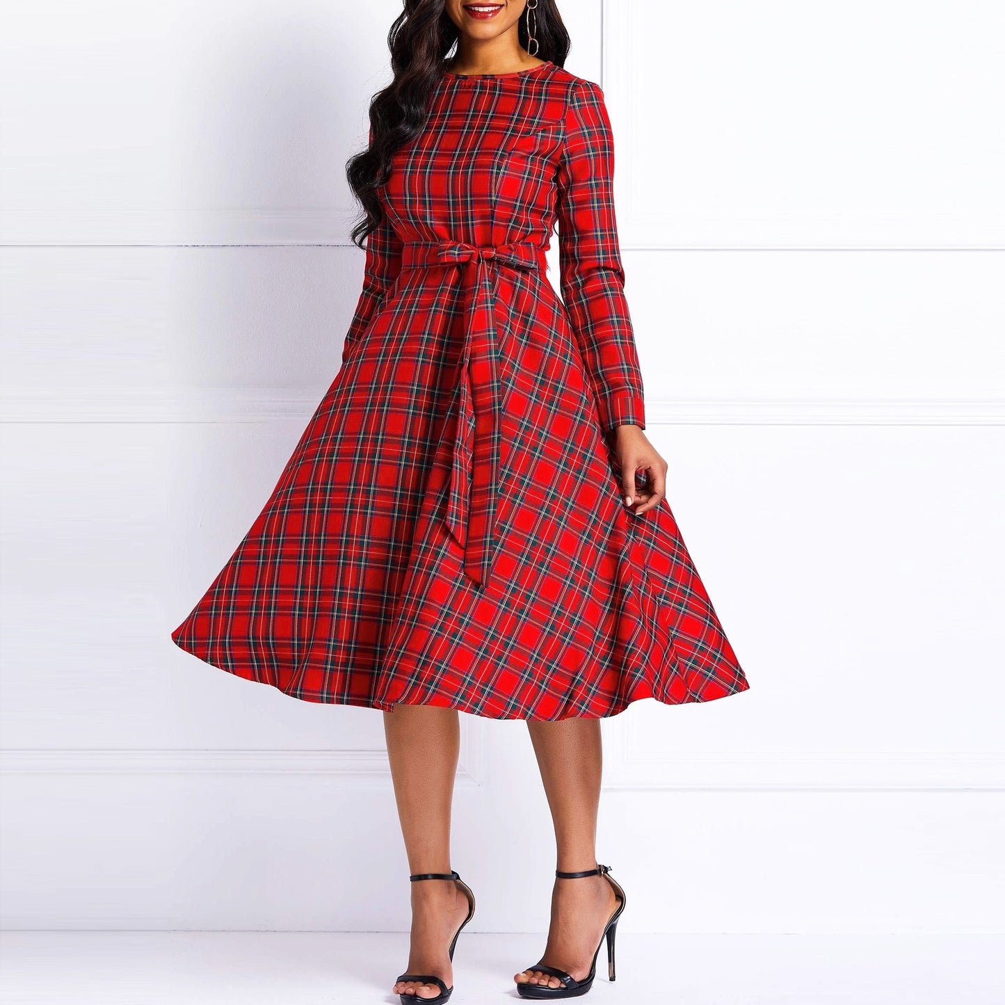 BamBam Elegant Women's Red Plaid Print Plus Size Dress Fashion Belt Midi Dress For Women - BamBam