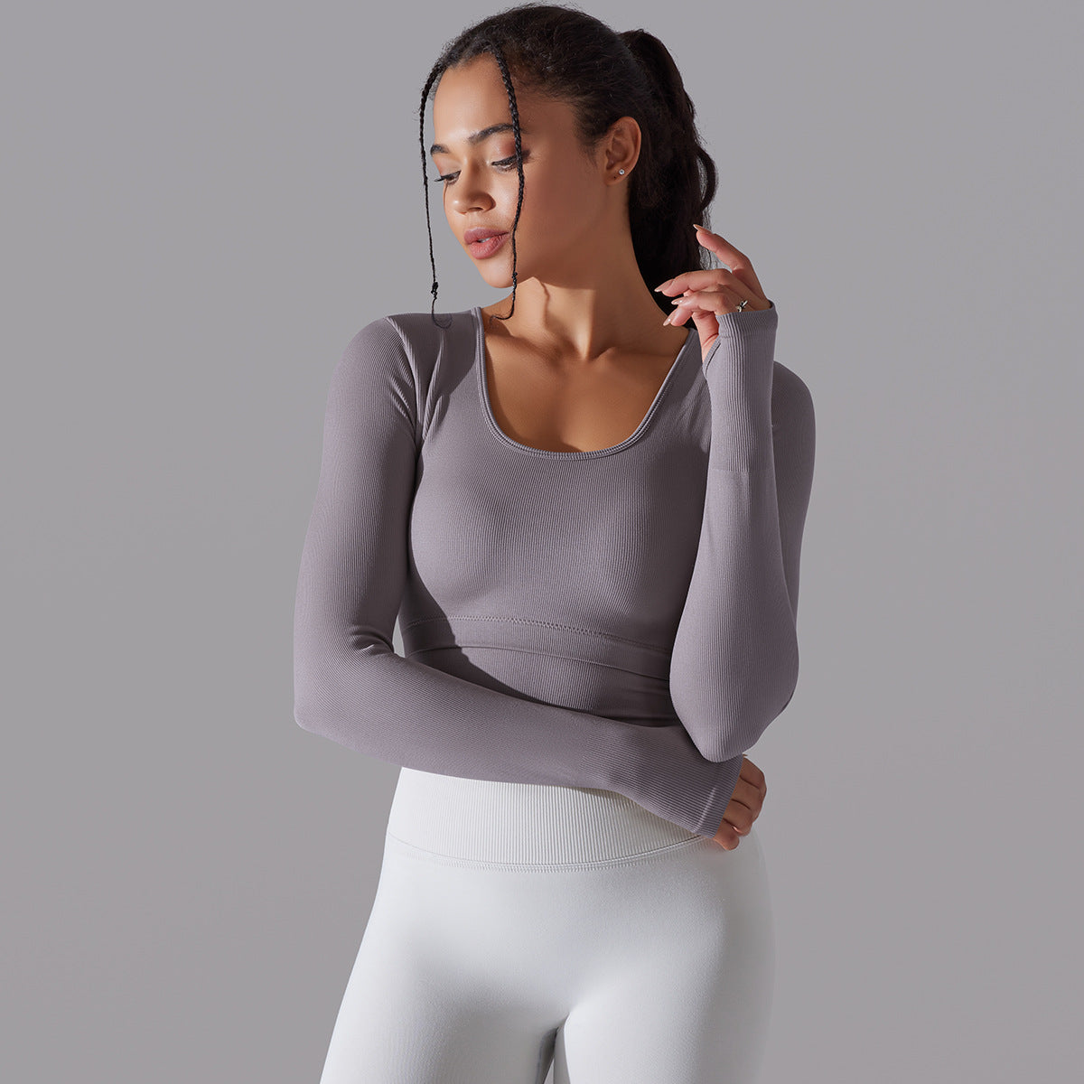 BamBam Seamless Knitting Solid Color Ribbed Sports Yoga Long-Sleeved Running Fitness Yoga Tops For Women - BamBam