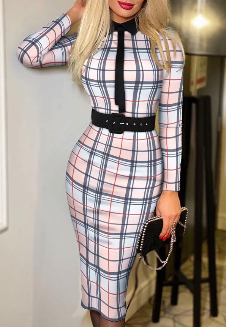 Autumn Print Long Sleeve with Belt Midi Dress