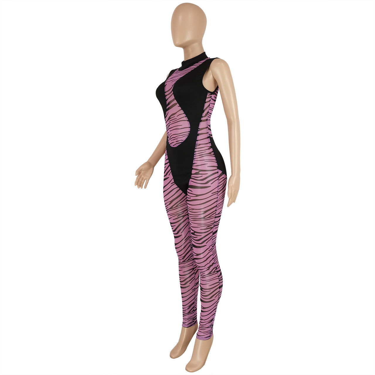 BamBam Women's Fashion Sexy Tight Fitting Striped Mesh Patchwork Sleeveless Jumpsuit - BamBam Clothing