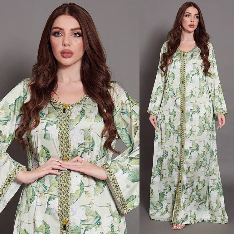 women print lace dress abaya muslim jalabiya robe