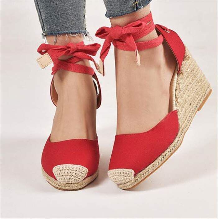 BamBam Summer wedge-heeled thick-soled Lace-Up hemp rope sandals - BamBam