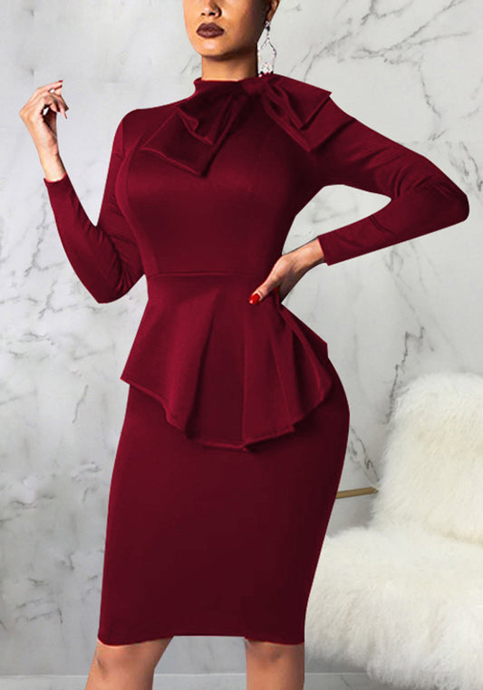 Women Spring Burgunry Formal Bow Long Sleeve Solid Knee-Length Office Dress