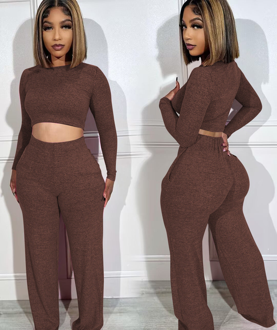 BamBam Women's Fashion Long Sleeve Crop Tops And Pants Casual Two Piece Set - BamBam