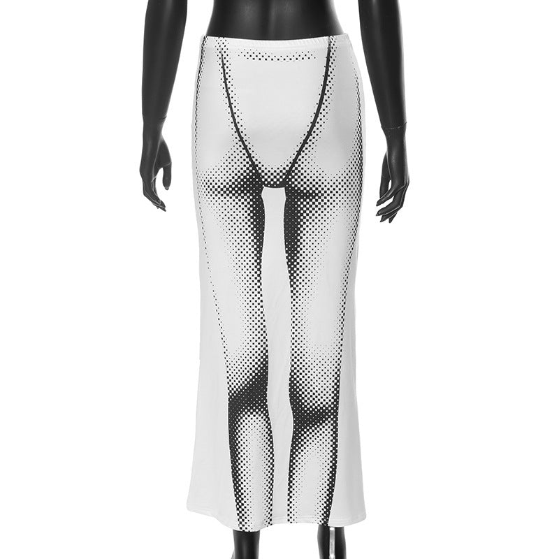 BamBam Women's Autumn Street Sexy Body Pattern Print Slim Bodycon Long Skirt - BamBam