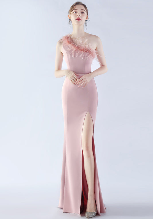 Women Ostrich Feather Slash Shoulder One Shoulder Evening Dress