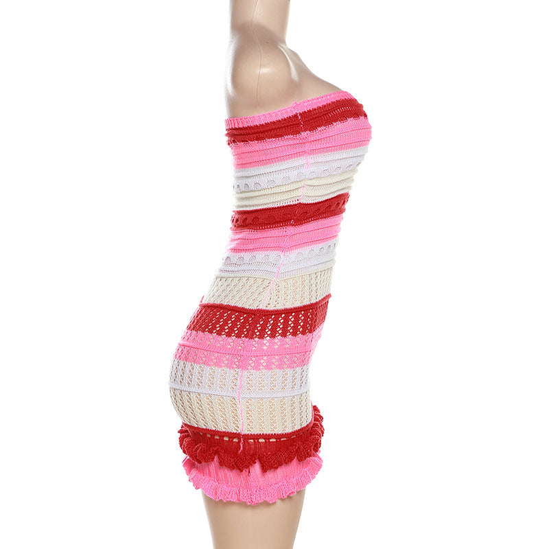 BamBam Summer Women Sexy Strapless Backless Color Block Lace Knitting Dress - BamBam