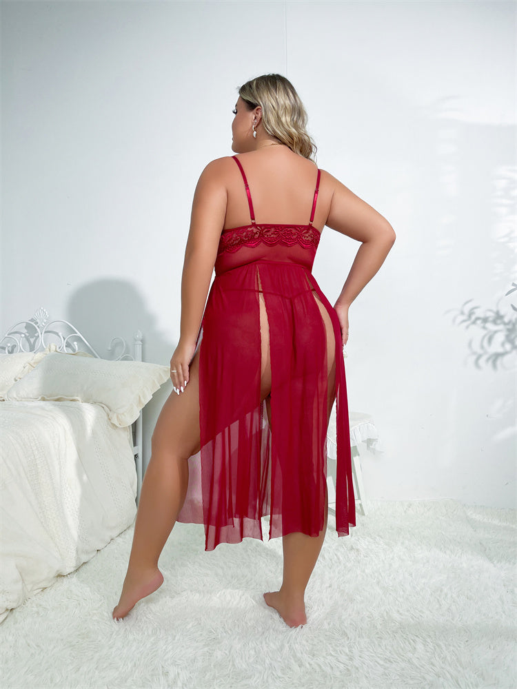 BamBam Sexy Plus Size Sexy Lingerie Lace See-Through Temptation Sexy Pajamas Dress - BamBam