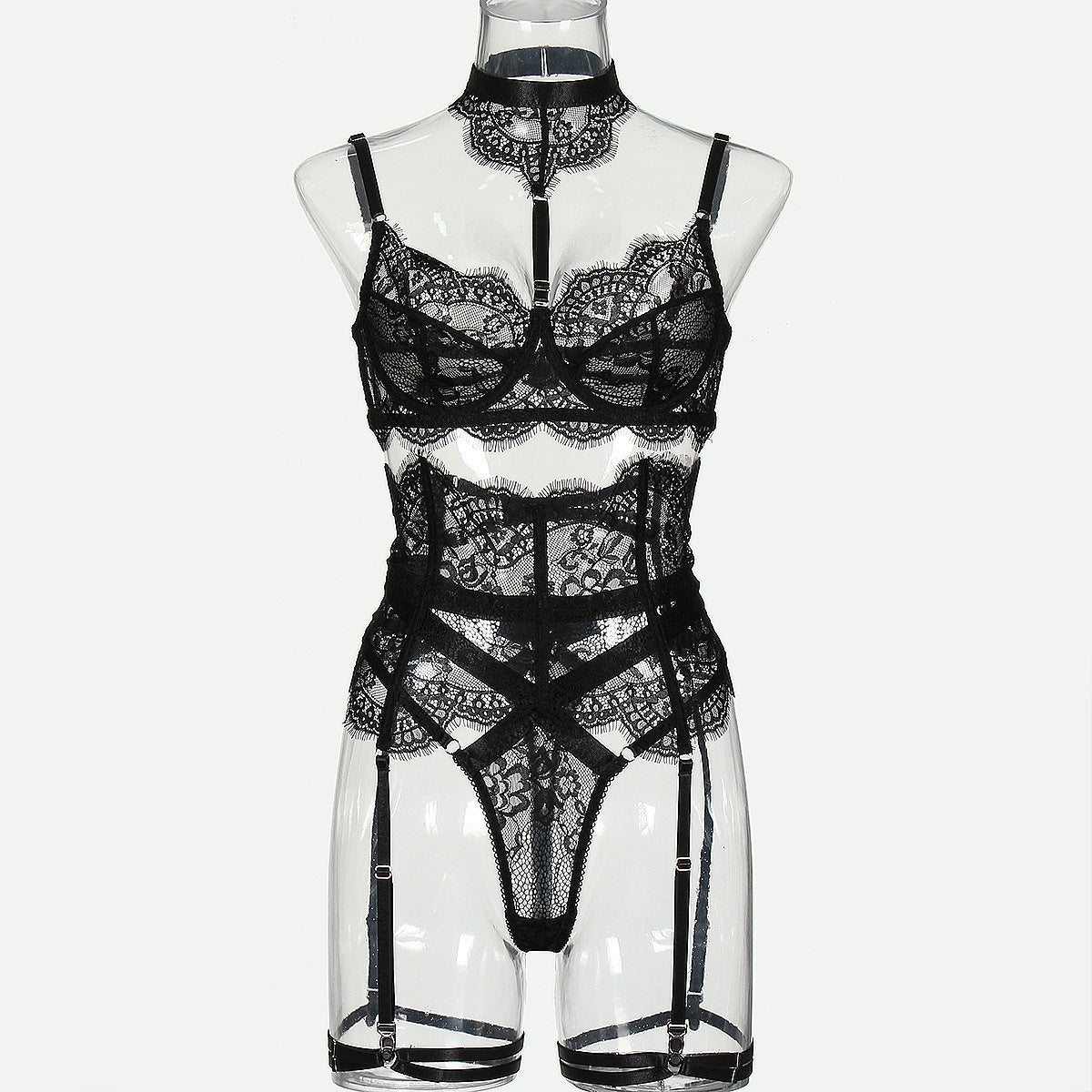 BamBam Women lace hollow body shaping See-Through Halter Neck sexy lingerie Set - BamBam