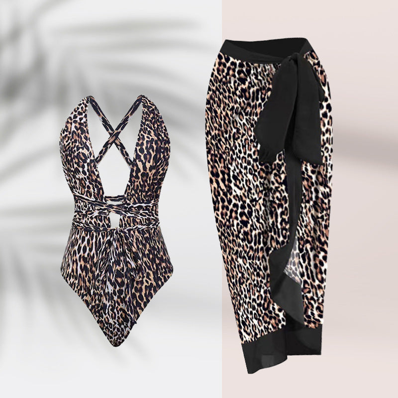 BamBam Leopard Print Sexy Deep V Neck One-Piece Swimsuit Mesh Skirt For Women - BamBam