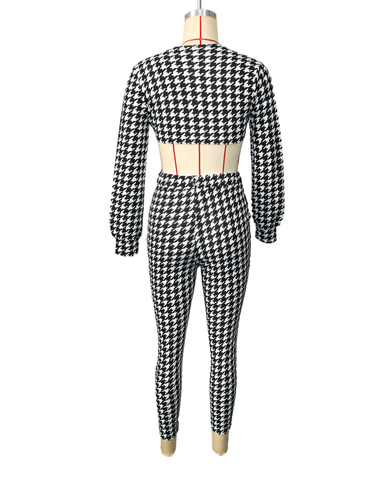 BamBam Women's Plus Size Long-Sleeved Fashion Casual Houndstooth Two Piece Pants Set - BamBam