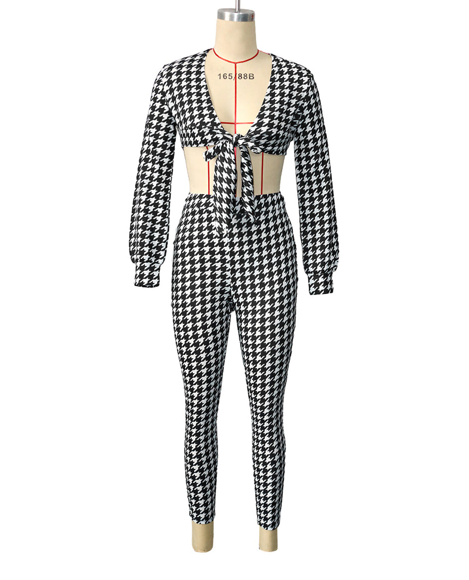 BamBam Women's Plus Size Long-Sleeved Fashion Casual Houndstooth Two Piece Pants Set - BamBam