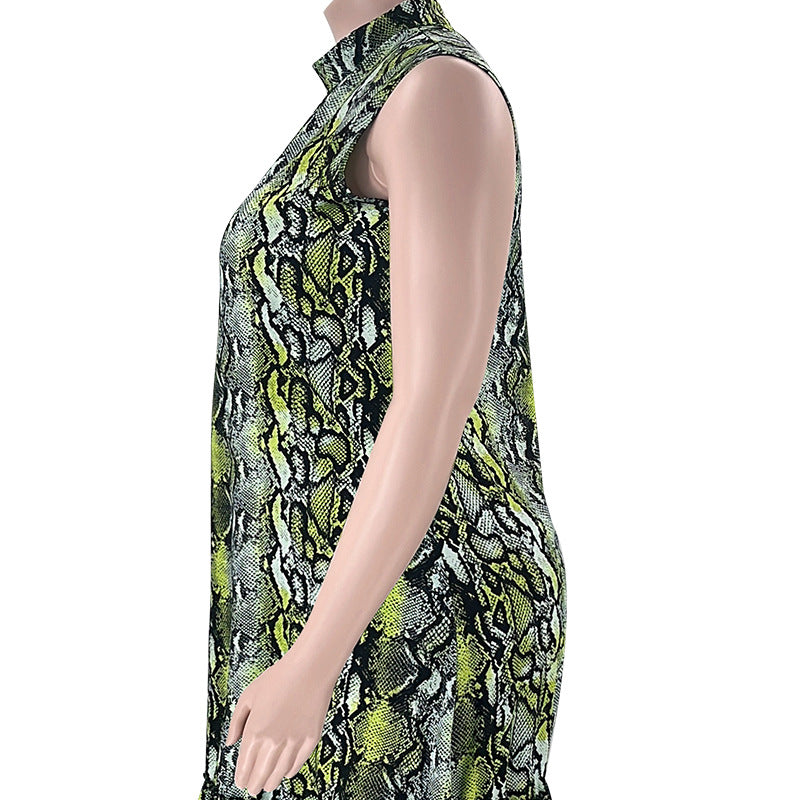 BamBam Summer Stand Collar Sleeveless Print Plus Size Women's Stylish Loose Long Dress - BamBam