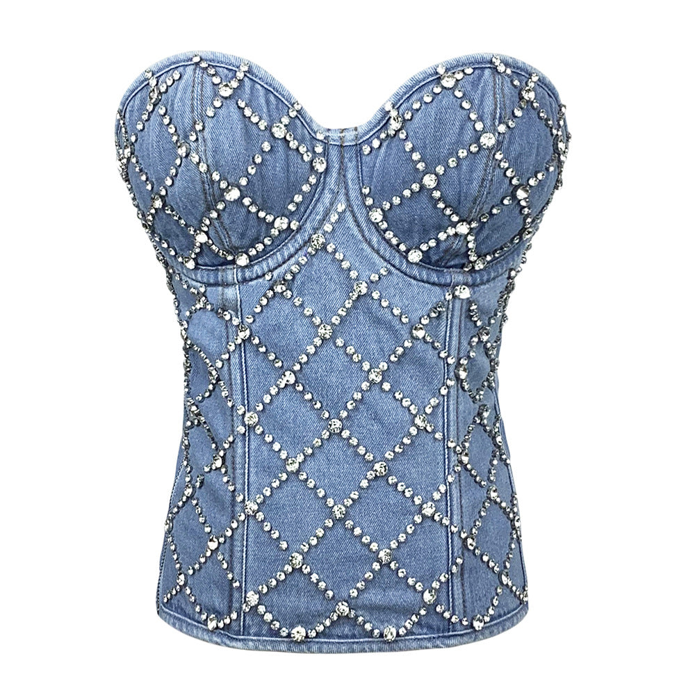 BamBam Women Diamond Beaded Denim Vintage Zip Vest Lace-up Shaping Corset Top - BamBam