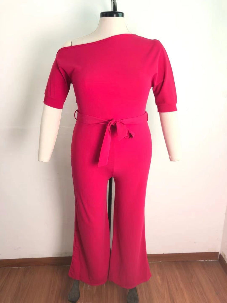 BamBam Summer Plus Size Pink Slash Shoulder Formal Jumpsuit - BamBam Clothing