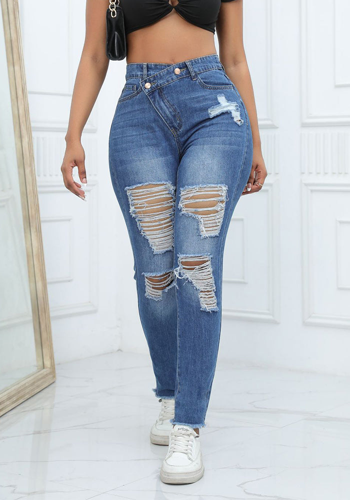 Autumn High Quality Ripped Women's High Waist Denim Pants