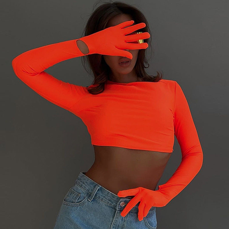 BamBam Women Summer Solid Round Neck Long Sleeve Glove Crop T-Shirt - BamBam