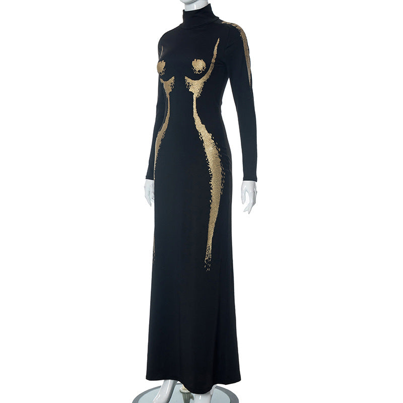 BamBam Women's Autumn Fashion Print Long Sleeve Turtle Collar Casual Dress - BamBam