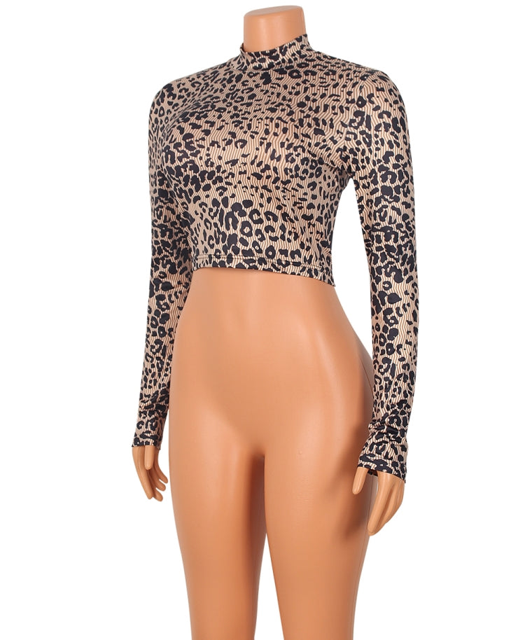 BamBam Fall Sexy Leopard Print Long Sleeve Slim Crop Top - BamBam