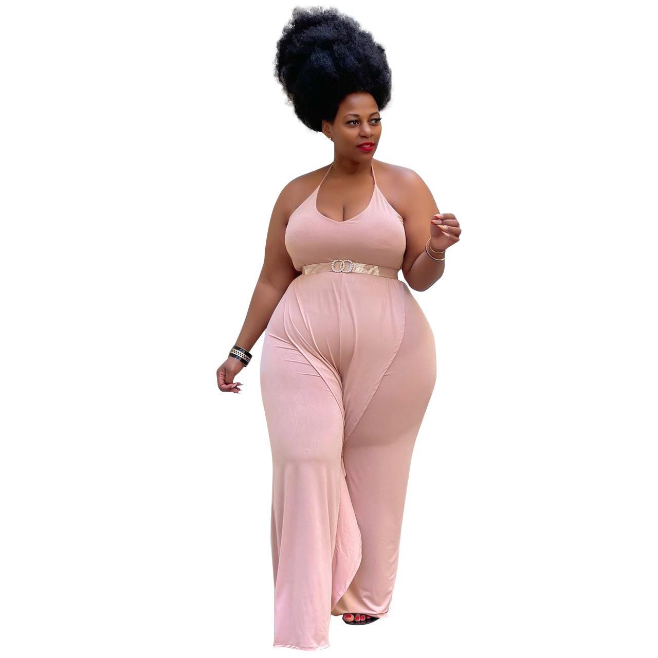 BamBam Plus Size Women's Solid Color Sexy Sling Ruffle Drape Jumpsuit - BamBam Clothing