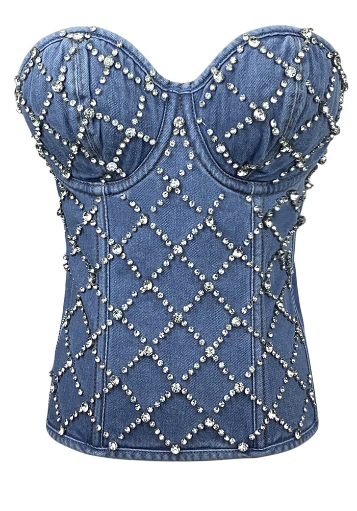 Women Diamond Beaded Denim Vintage Zip Vest Lace-up Shaping Corset Top